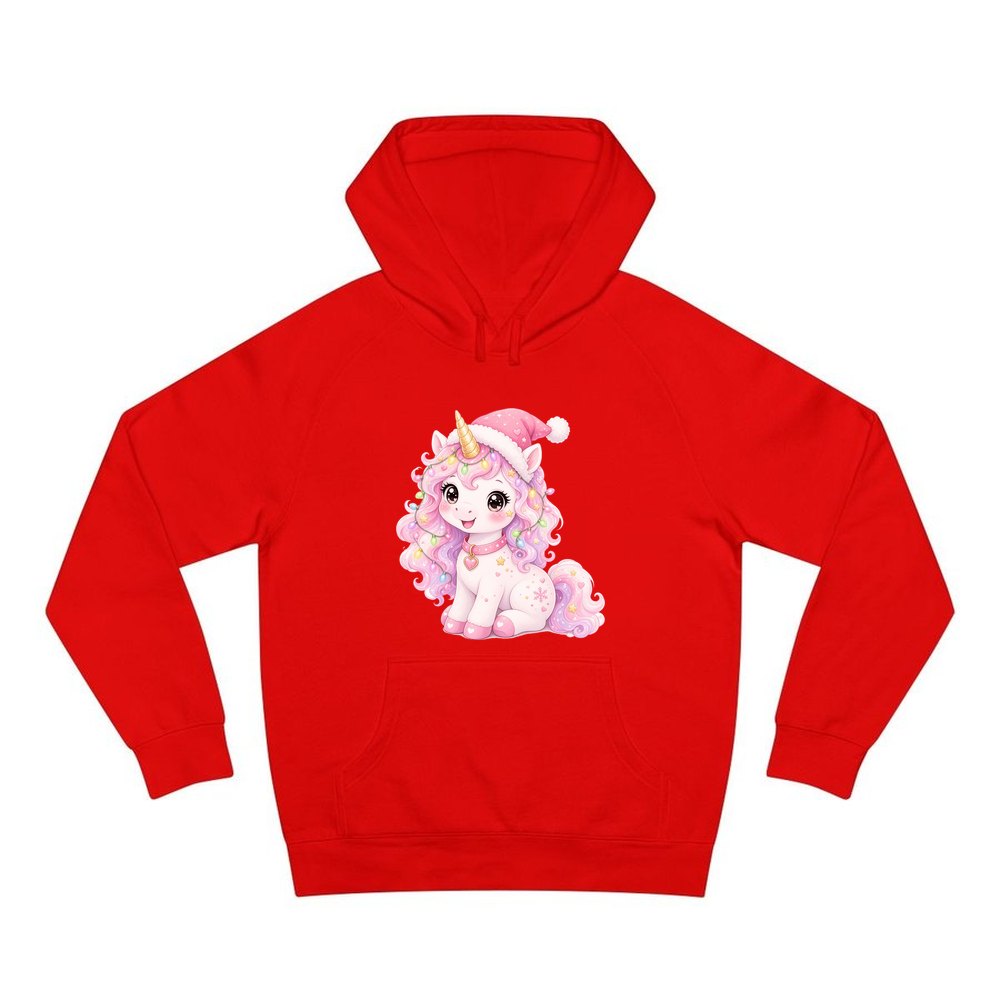 Pastel Christmas Unicorn personalised Christmas hoodie in red