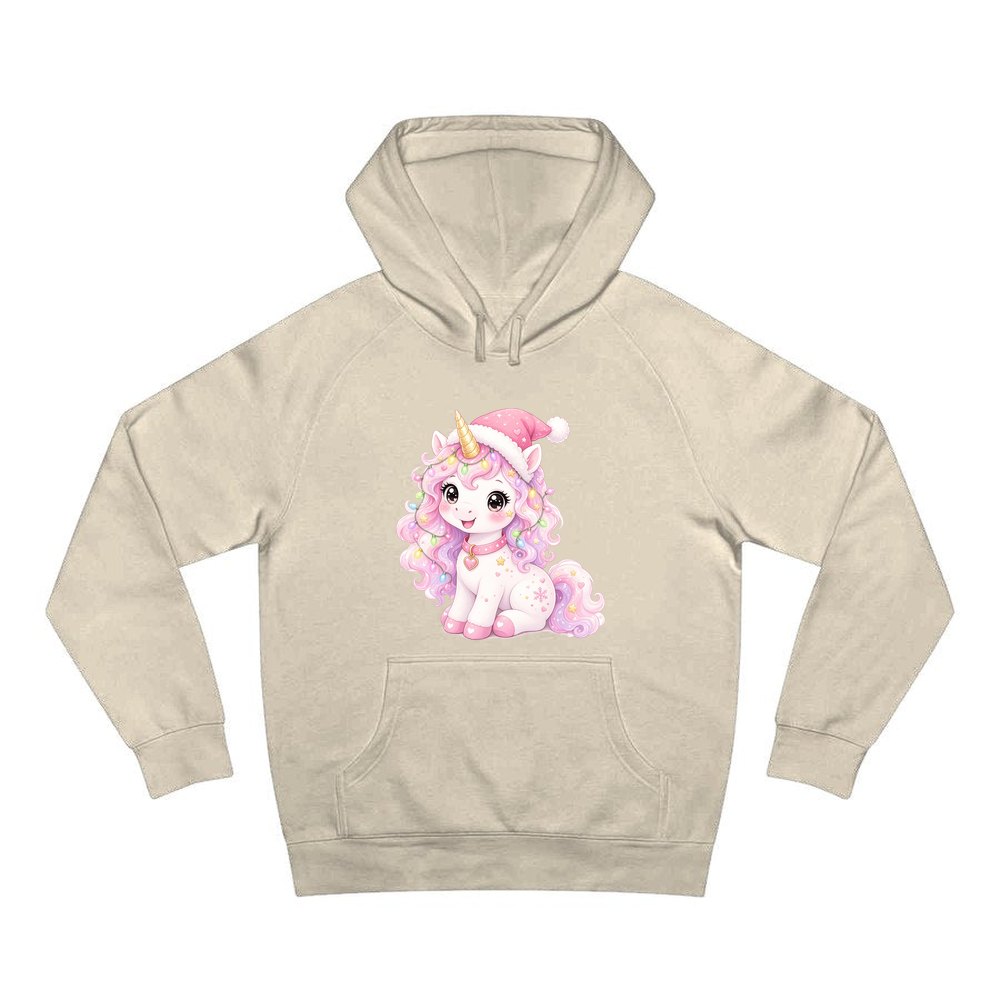 Pastel Christmas Unicorn personalised Christmas hoodie in sand