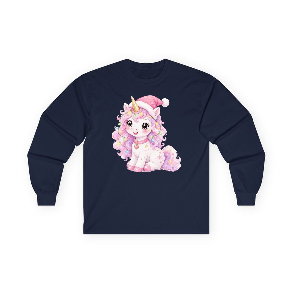 Pastel Christmas Unicorn personalised long sleeve Christmas T-shirt in navy