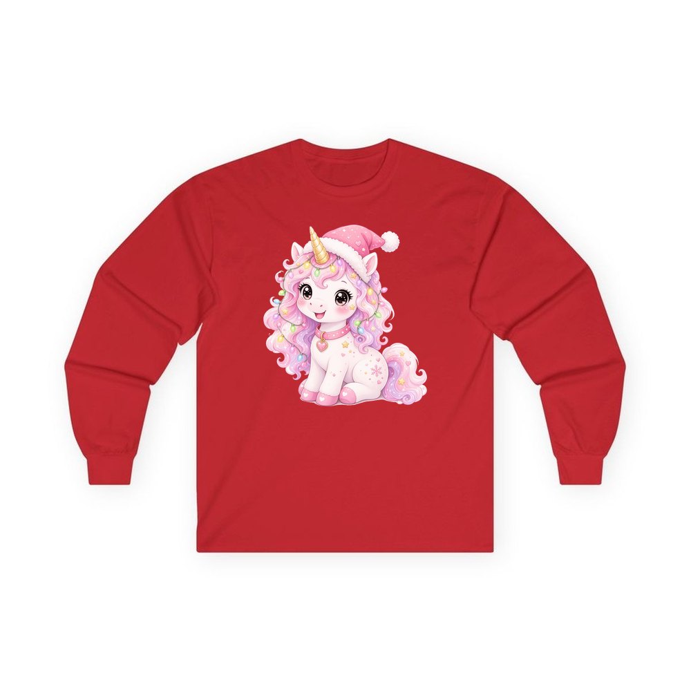 Pastel Christmas Unicorn personalised long sleeve Christmas T-shirt in red