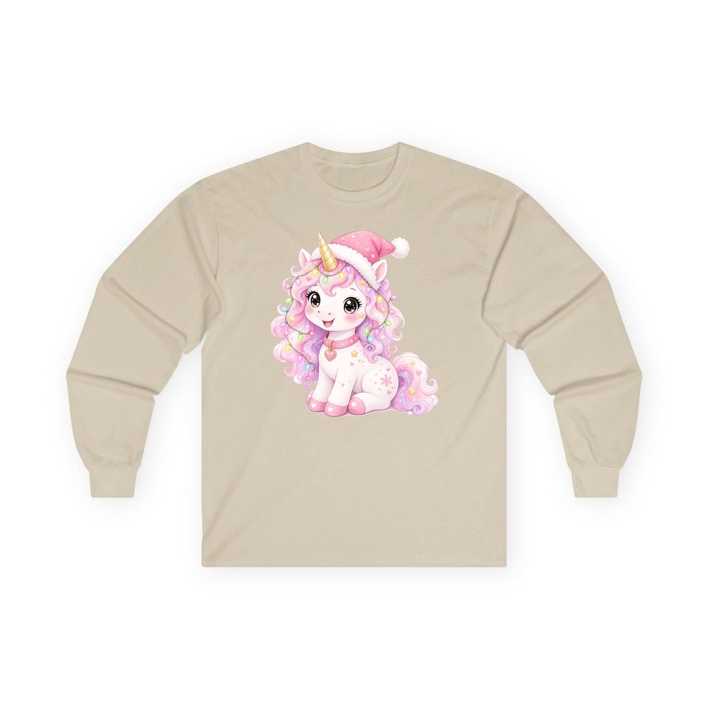 Pastel Christmas Unicorn personalised long sleeve Christmas T-shirt in sand