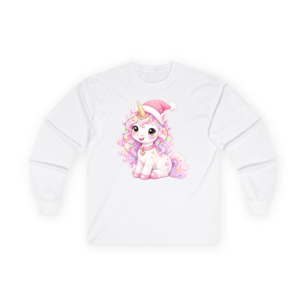 Pastel Christmas Unicorn personalised long sleeve Christmas T-shirt in white