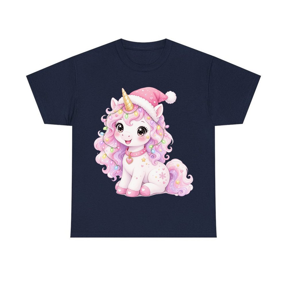 Pastel Christmas Unicorn personalised Christmas T-shirt in navy