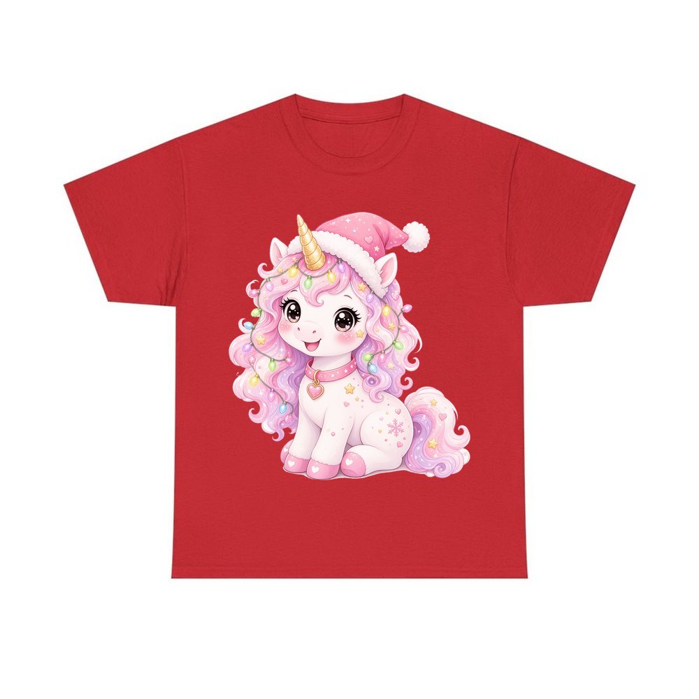 Pastel Christmas Unicorn personalised Christmas T-shirt in red