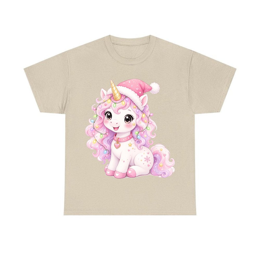 Pastel Christmas Unicorn personalised Christmas T-shirt in sand