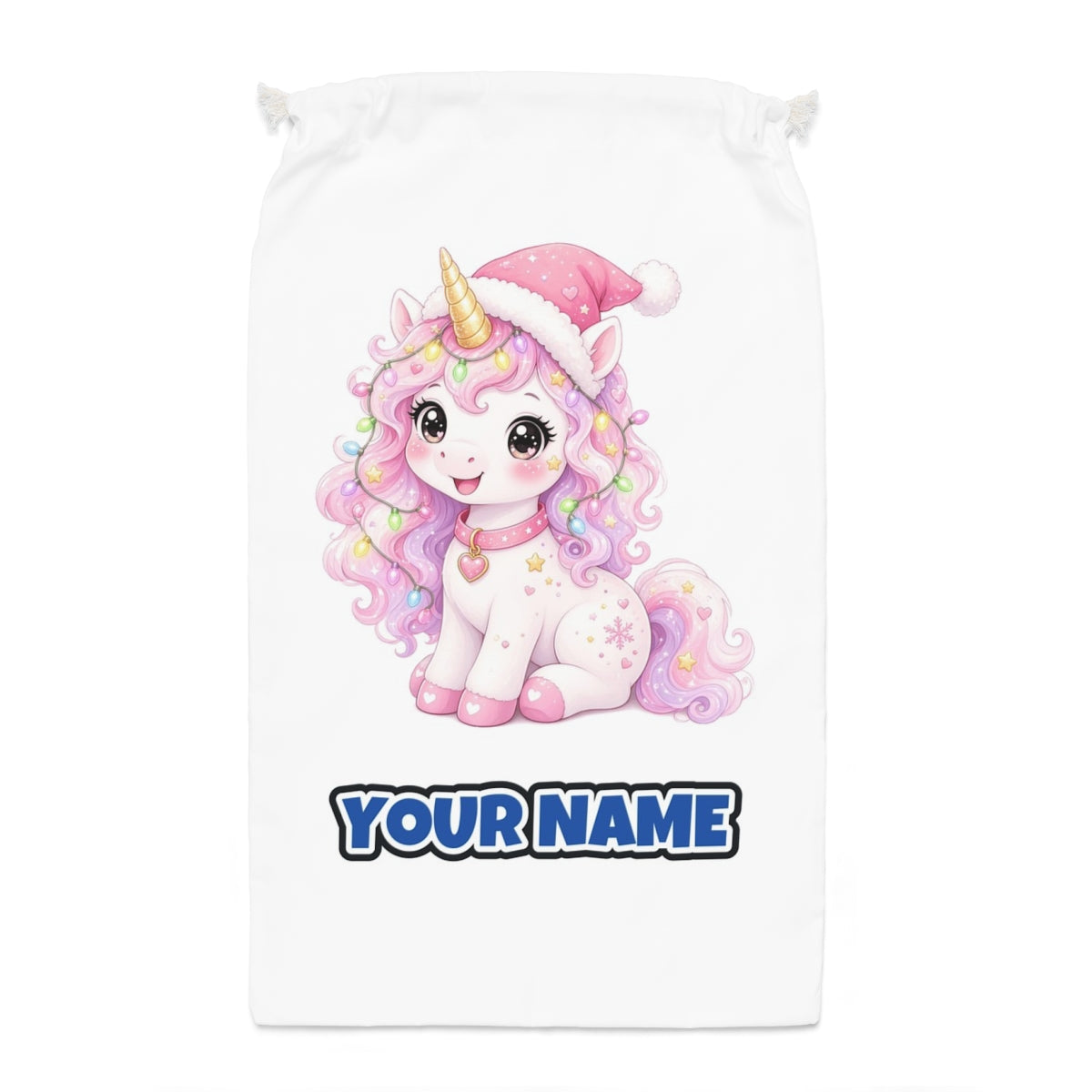 Pastel Christmas Unicorn Santa sack laid flat, showing the full print