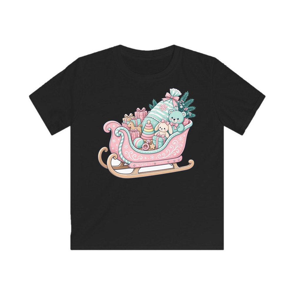 Pastel Toy Sleigh personalised kids Christmas tee in black