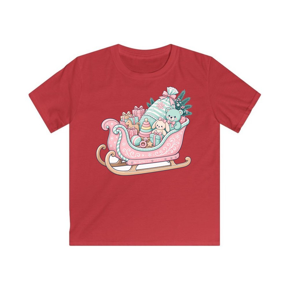Pastel Toy Sleigh personalised kids Christmas tee in red