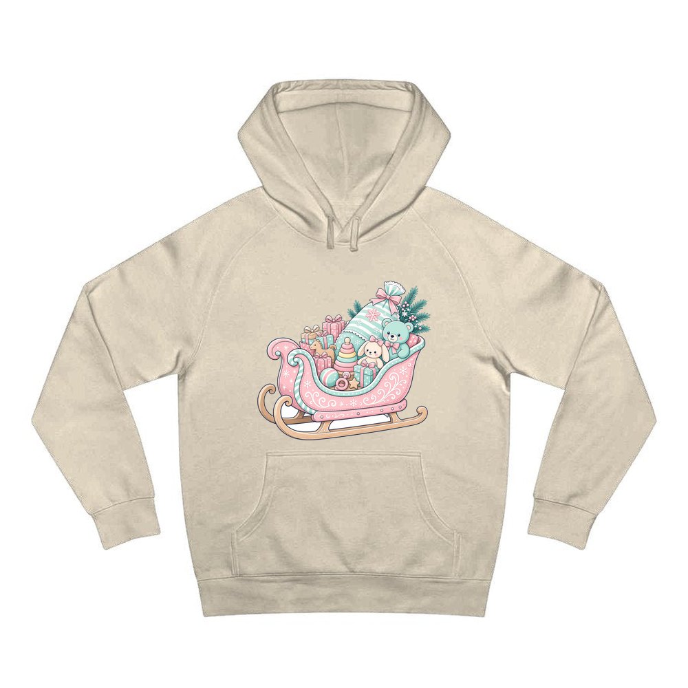 Pastel Toy Sleigh personalised Christmas hoodie in sand