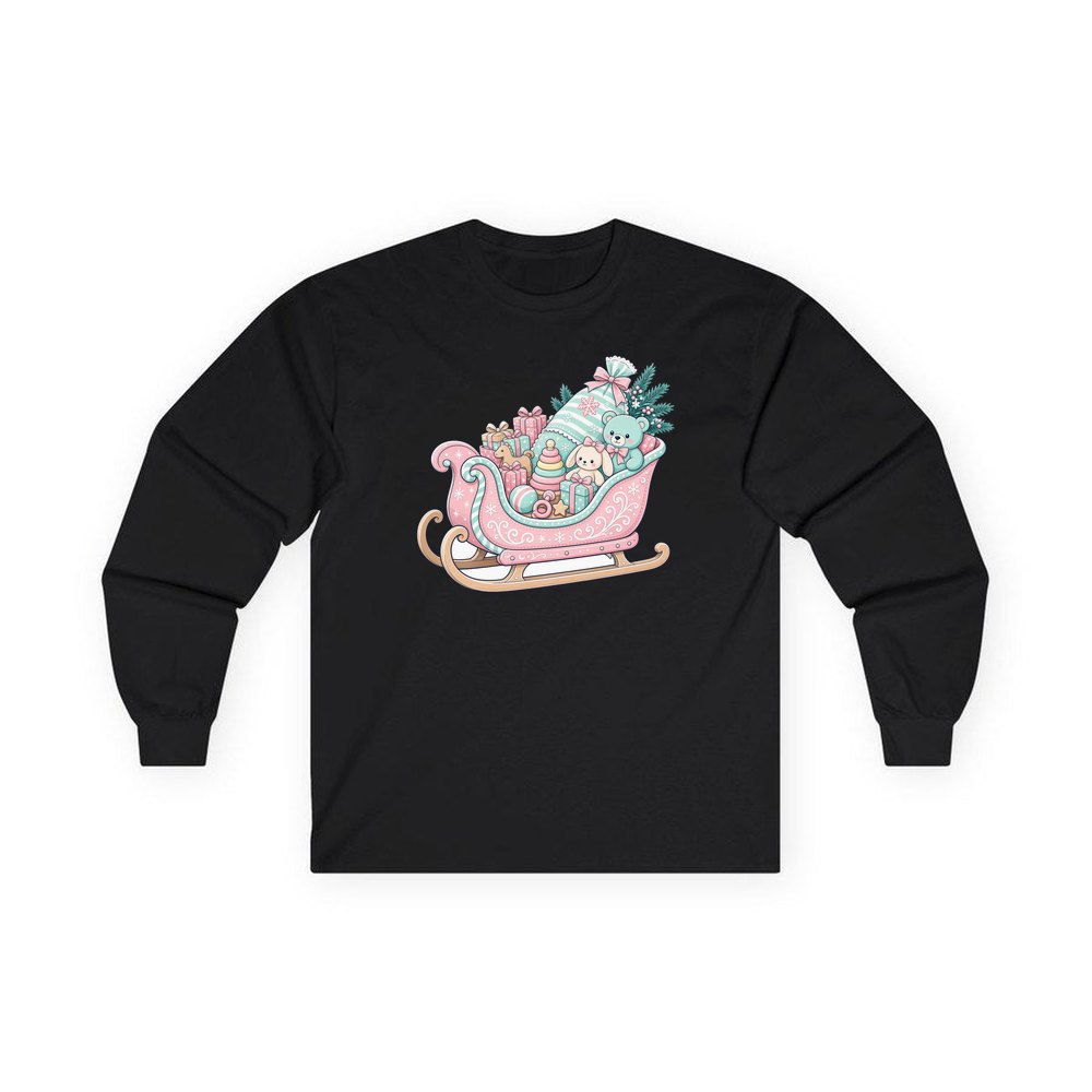 Pastel Toy Sleigh personalised long sleeve Christmas T-shirt in black