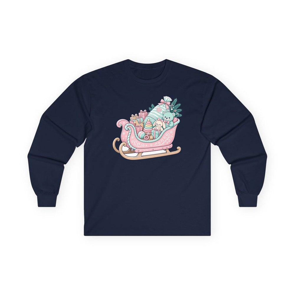 Pastel Toy Sleigh personalised long sleeve Christmas T-shirt in navy