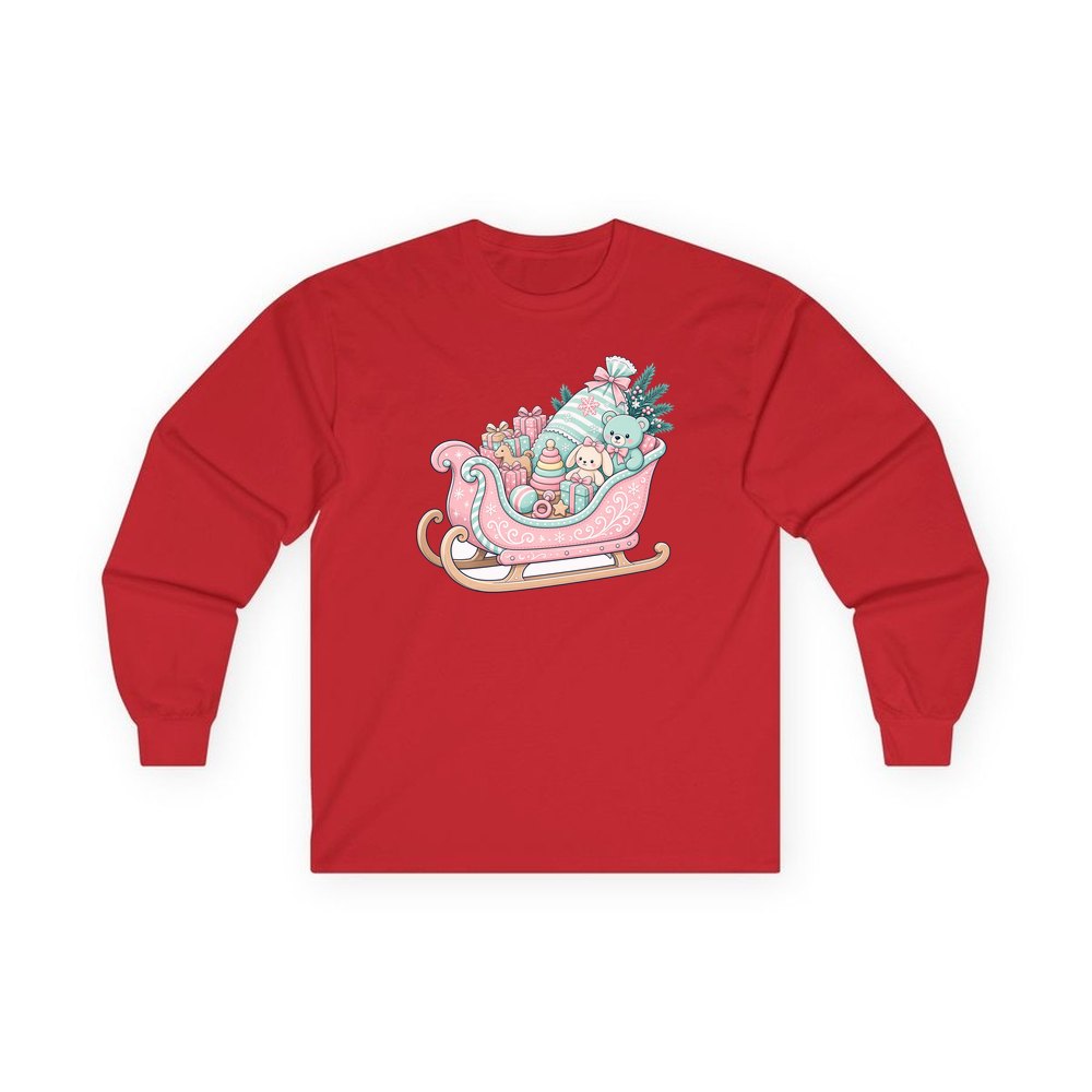 Pastel Toy Sleigh personalised long sleeve Christmas T-shirt in red