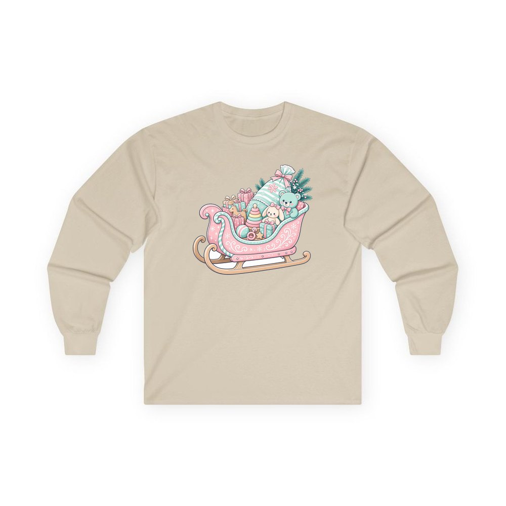 Pastel Toy Sleigh personalised long sleeve Christmas T-shirt in sand