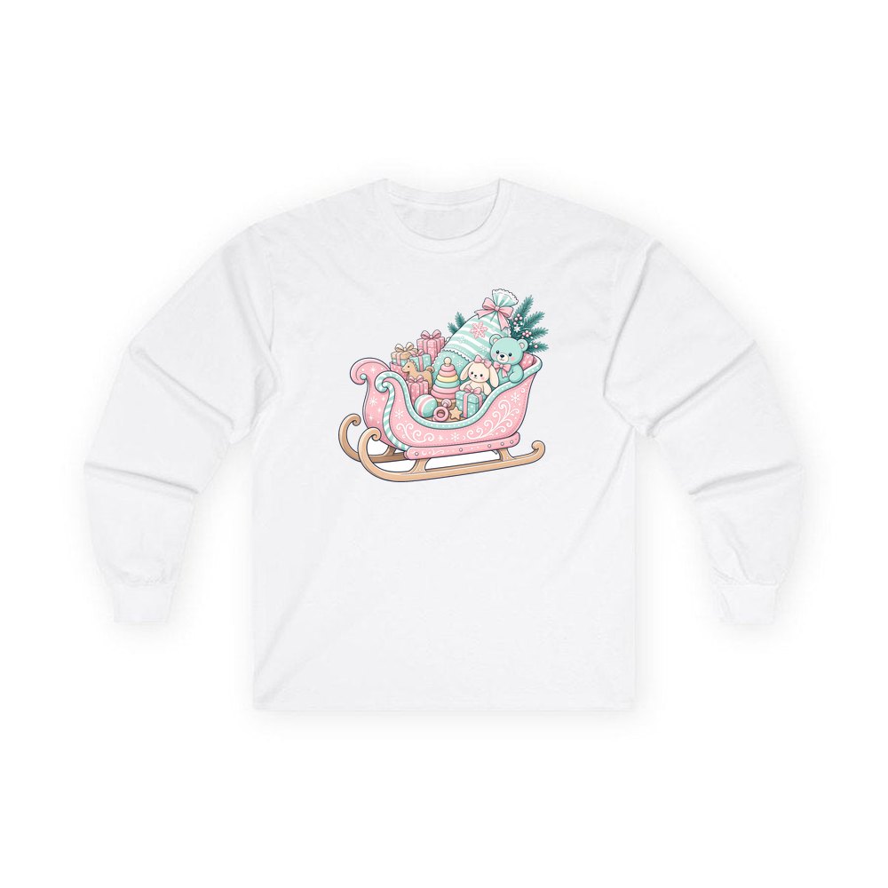 Pastel Toy Sleigh personalised long sleeve Christmas T-shirt in white