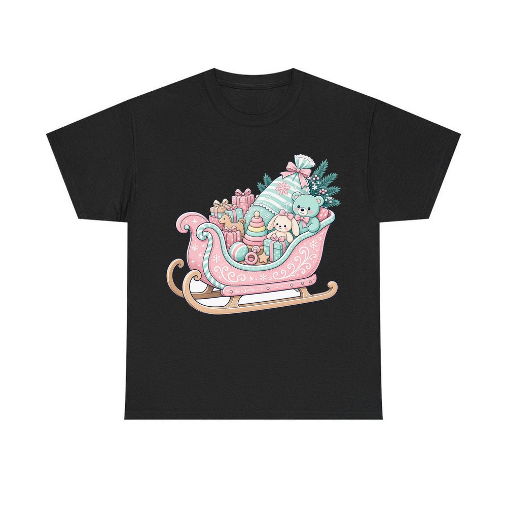 Pastel Toy Sleigh personalised Christmas T-shirt in black