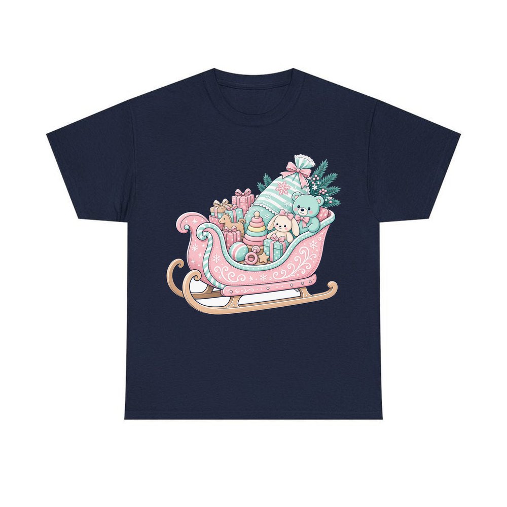 Pastel Toy Sleigh personalised Christmas T-shirt in navy