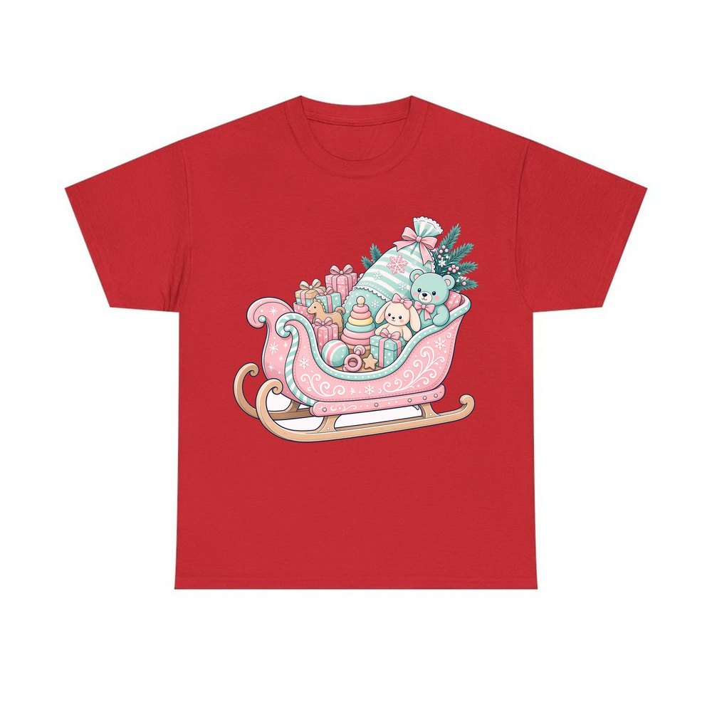 Pastel Toy Sleigh personalised Christmas T-shirt in red