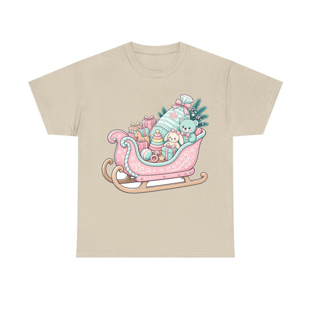 Pastel Toy Sleigh personalised Christmas T-shirt in sand