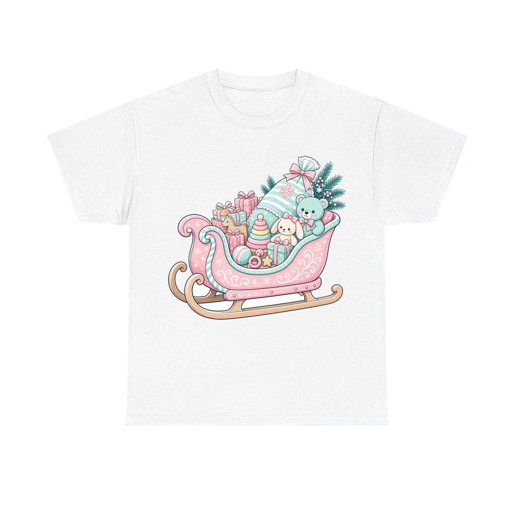 Pastel Toy Sleigh personalised Christmas T-shirt in white