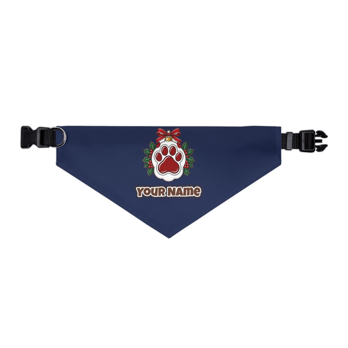 Paw Print Bauble personalised Christmas pet bandana in navy, collar with buckle