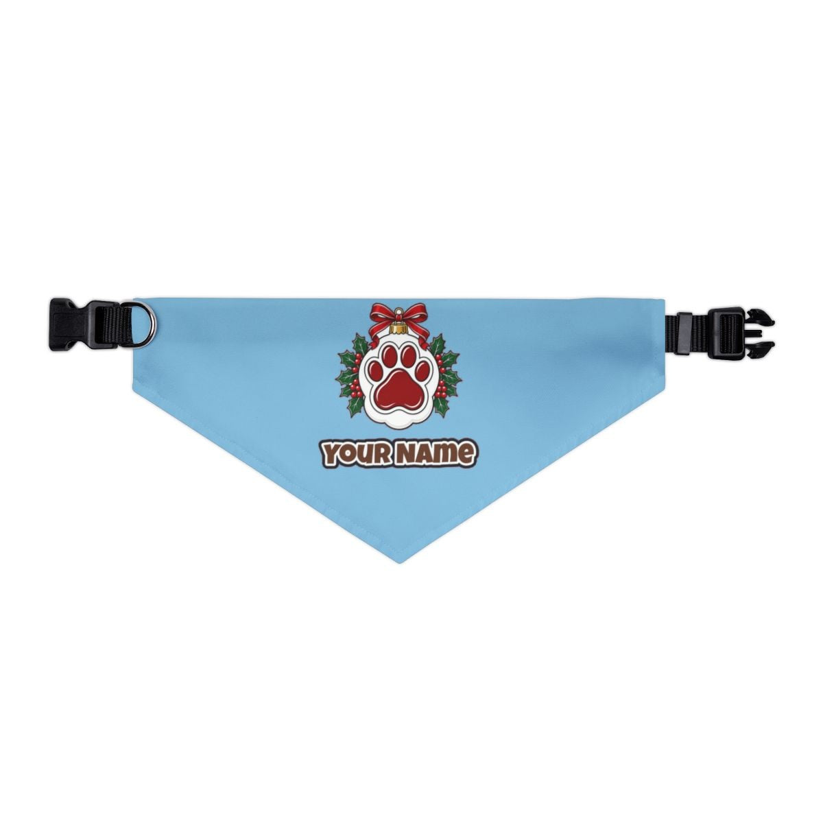 Paw Print Bauble personalised Christmas pet bandana in sky blue, collar with buckle