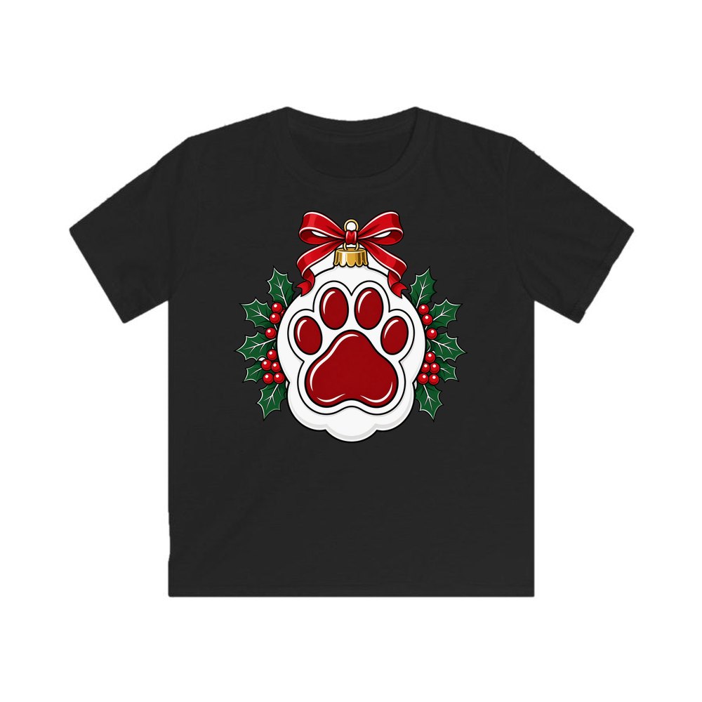 Paw Print Bauble personalised kids Christmas tee in black