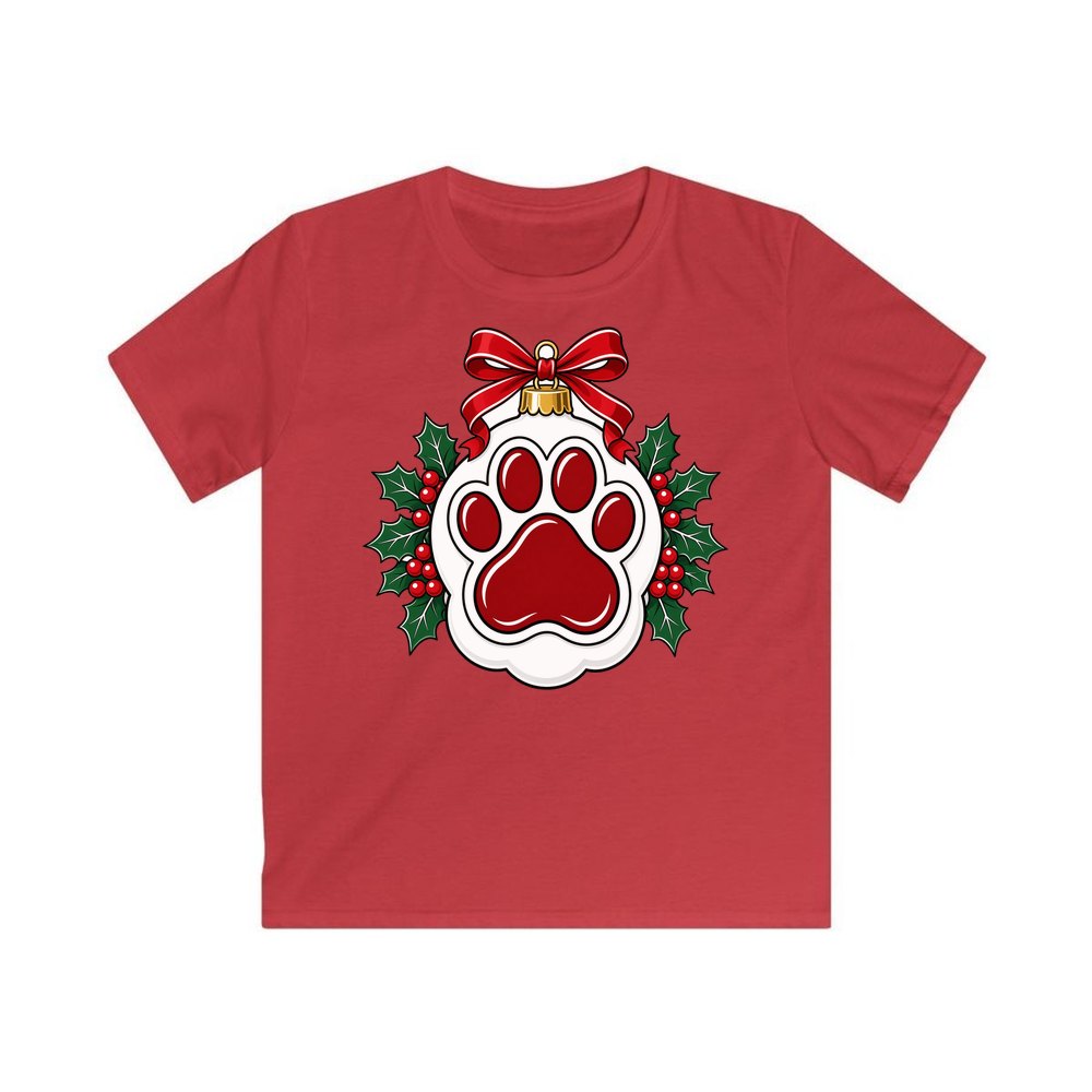 Paw Print Bauble personalised kids Christmas tee in red