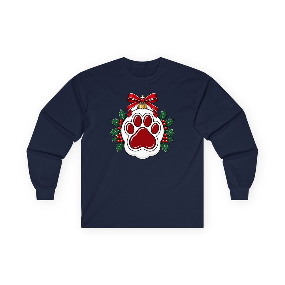 Paw Print Bauble personalised long sleeve Christmas T-shirt in navy