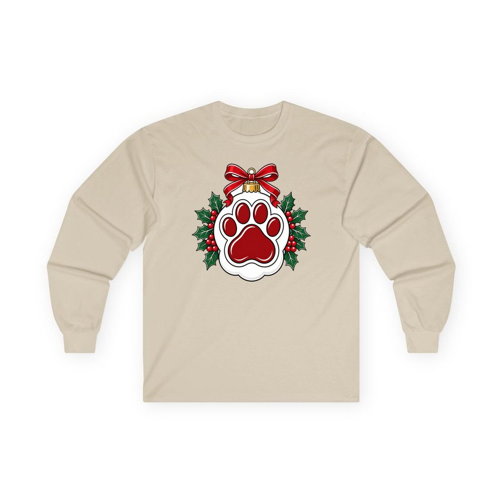 Paw Print Bauble personalised long sleeve Christmas T-shirt in sand