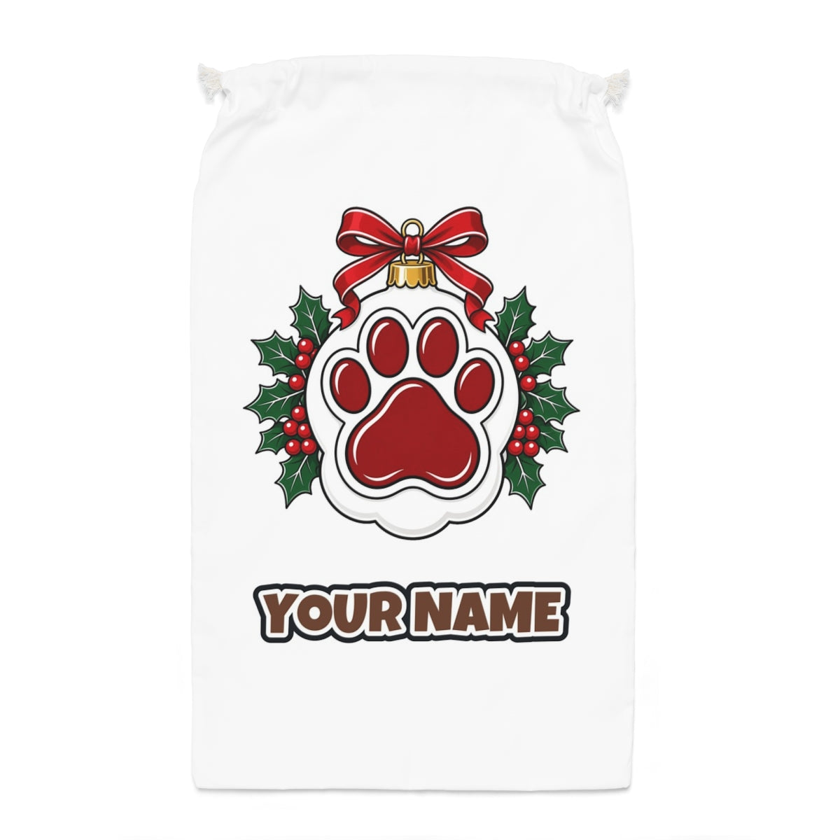 Paw Print Bauble Santa sack laid flat, showing the full print