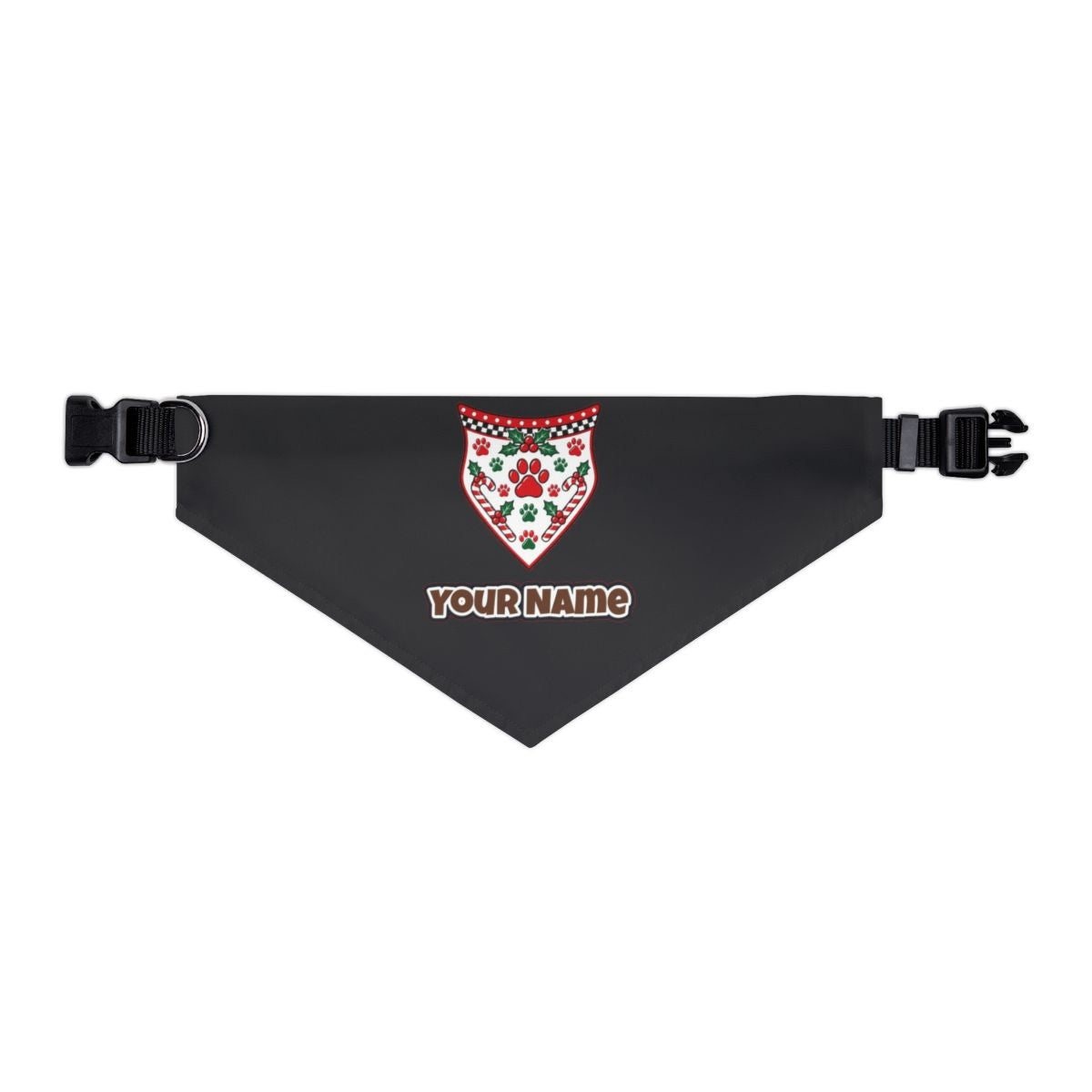 Paw Print Christmas Bandana personalised Christmas pet bandana in black, collar with buckle