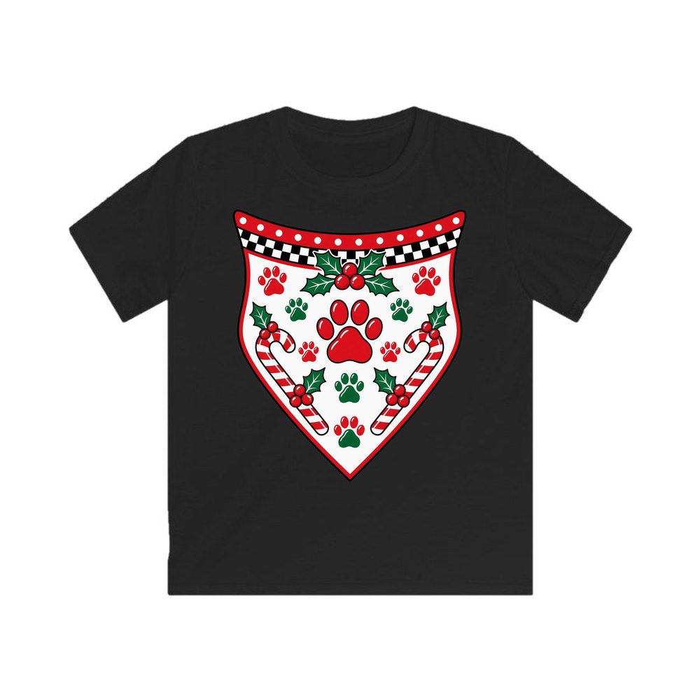 Paw Print Christmas Bandana personalised kids Christmas tee in black