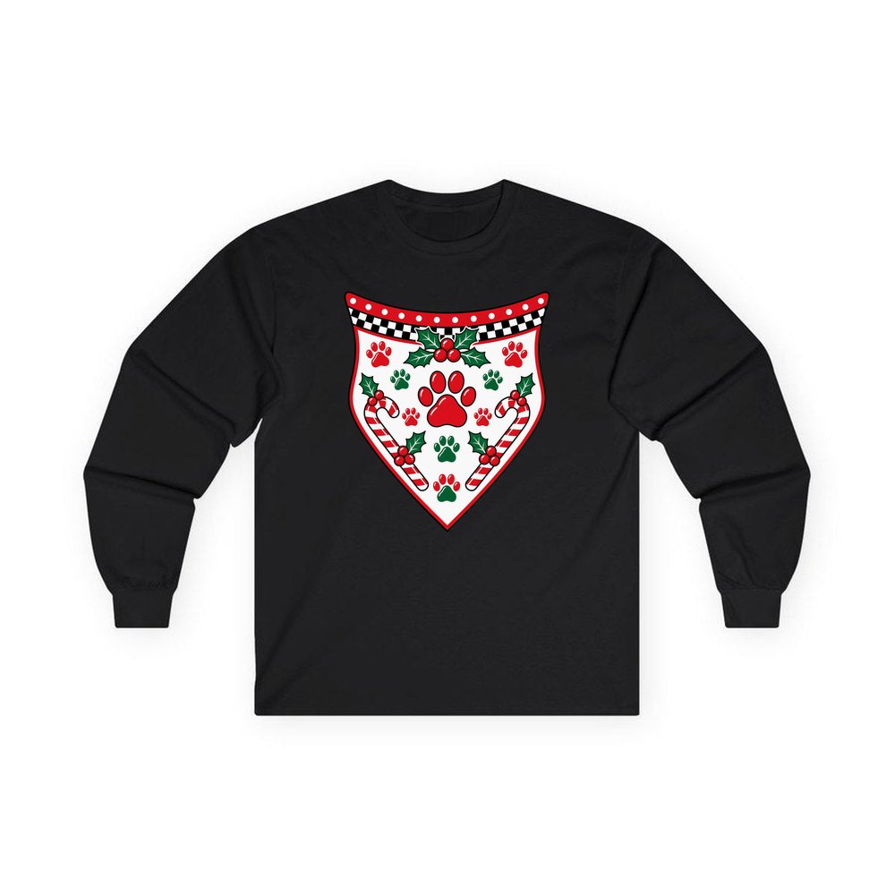 Paw Print Christmas Bandana personalised long sleeve Christmas T-shirt in black