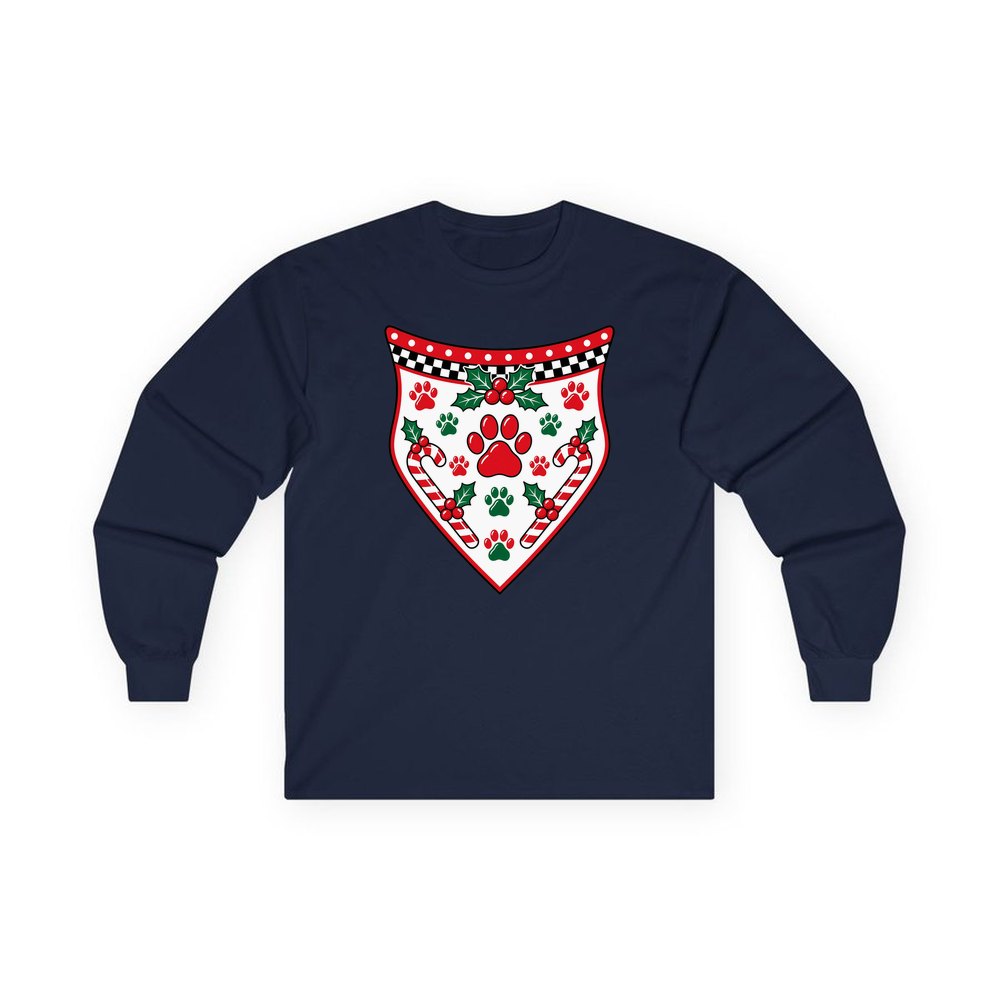 Paw Print Christmas Bandana personalised long sleeve Christmas T-shirt in navy