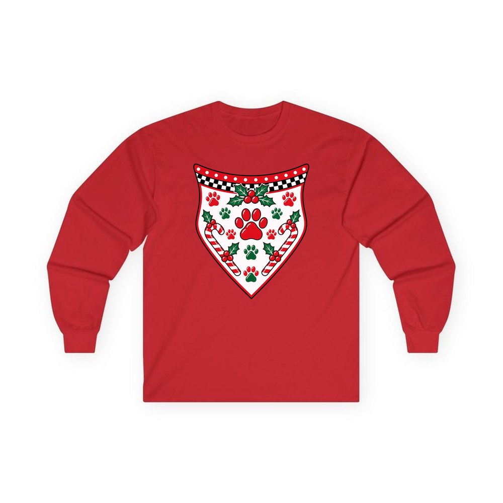 Paw Print Christmas Bandana personalised long sleeve Christmas T-shirt in red