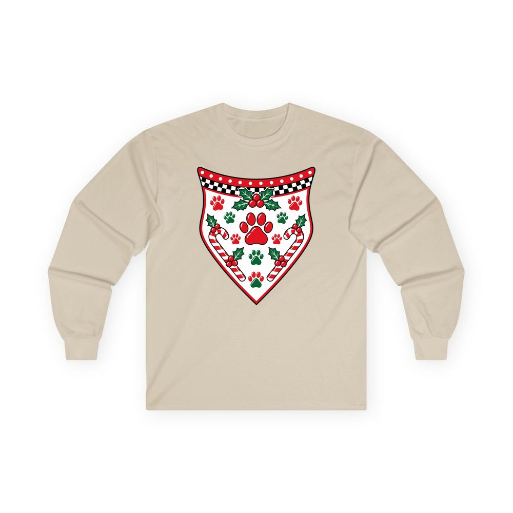 Paw Print Christmas Bandana personalised long sleeve Christmas T-shirt in sand