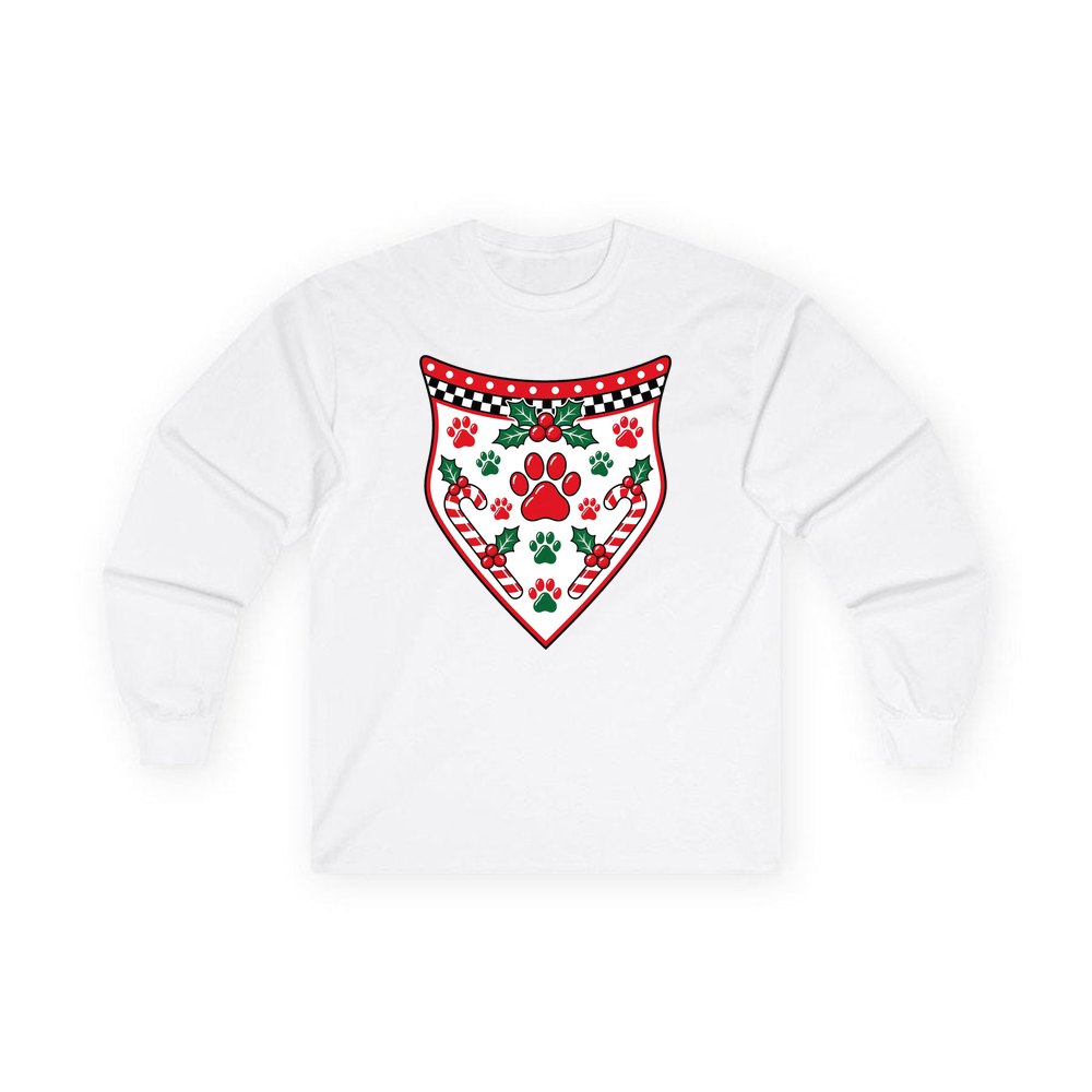 Paw Print Christmas Bandana personalised long sleeve Christmas T-shirt in white