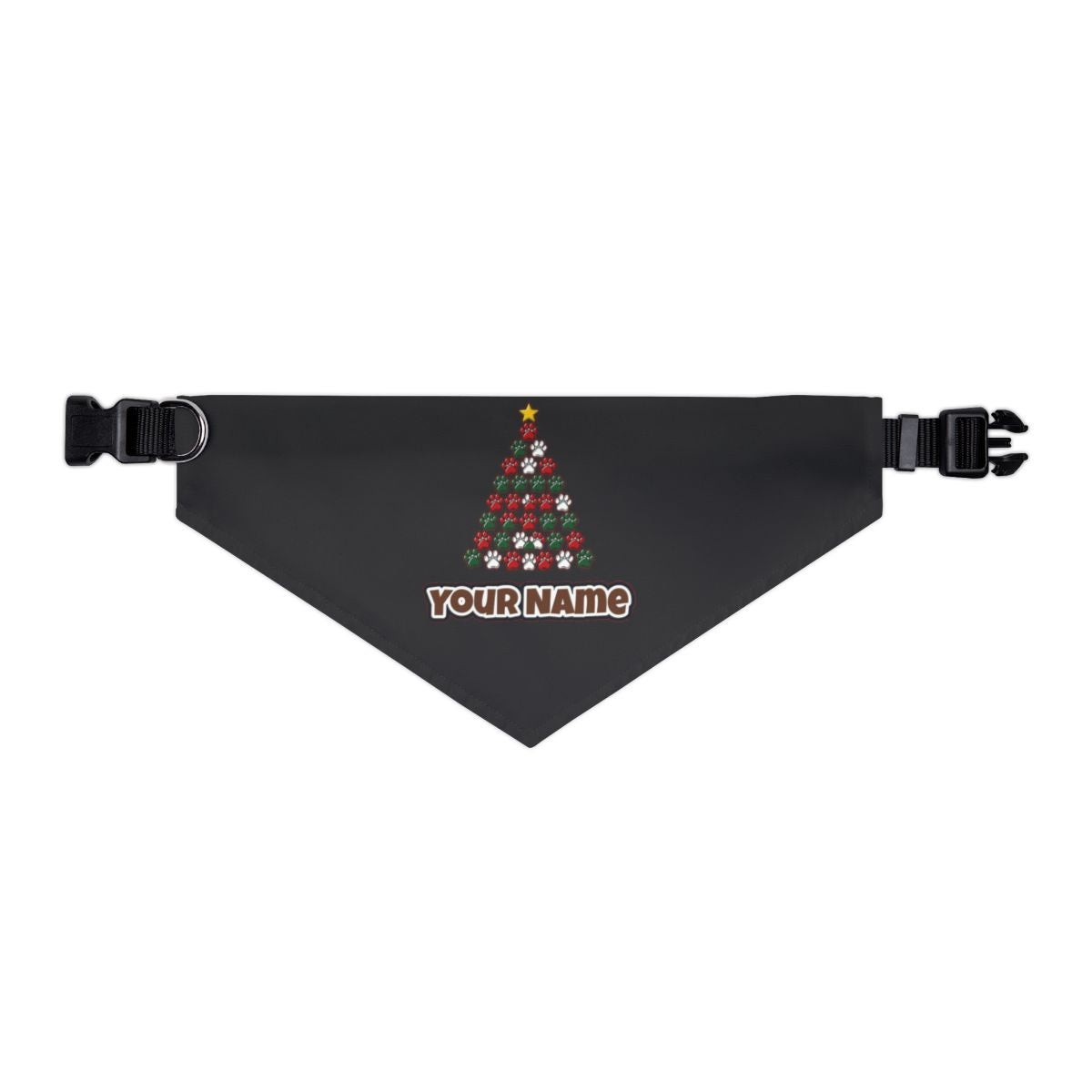 Paw Print Christmas Tree personalised Christmas pet bandana in black, collar with buckle