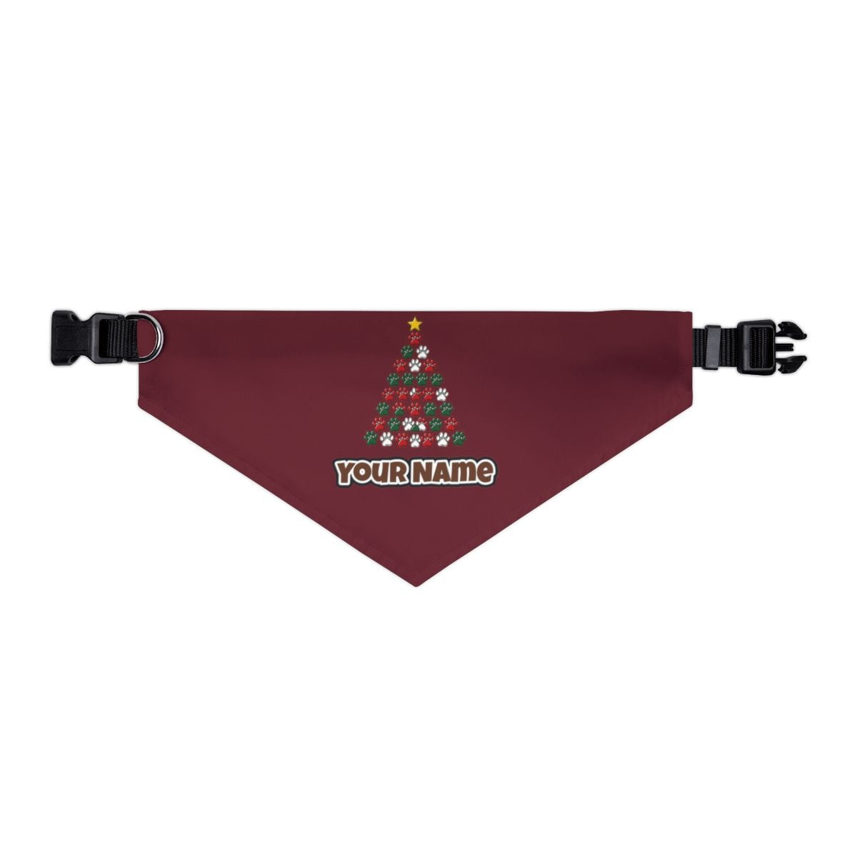 Paw Print Christmas Tree personalised Christmas pet bandana in maroon, collar with buckle