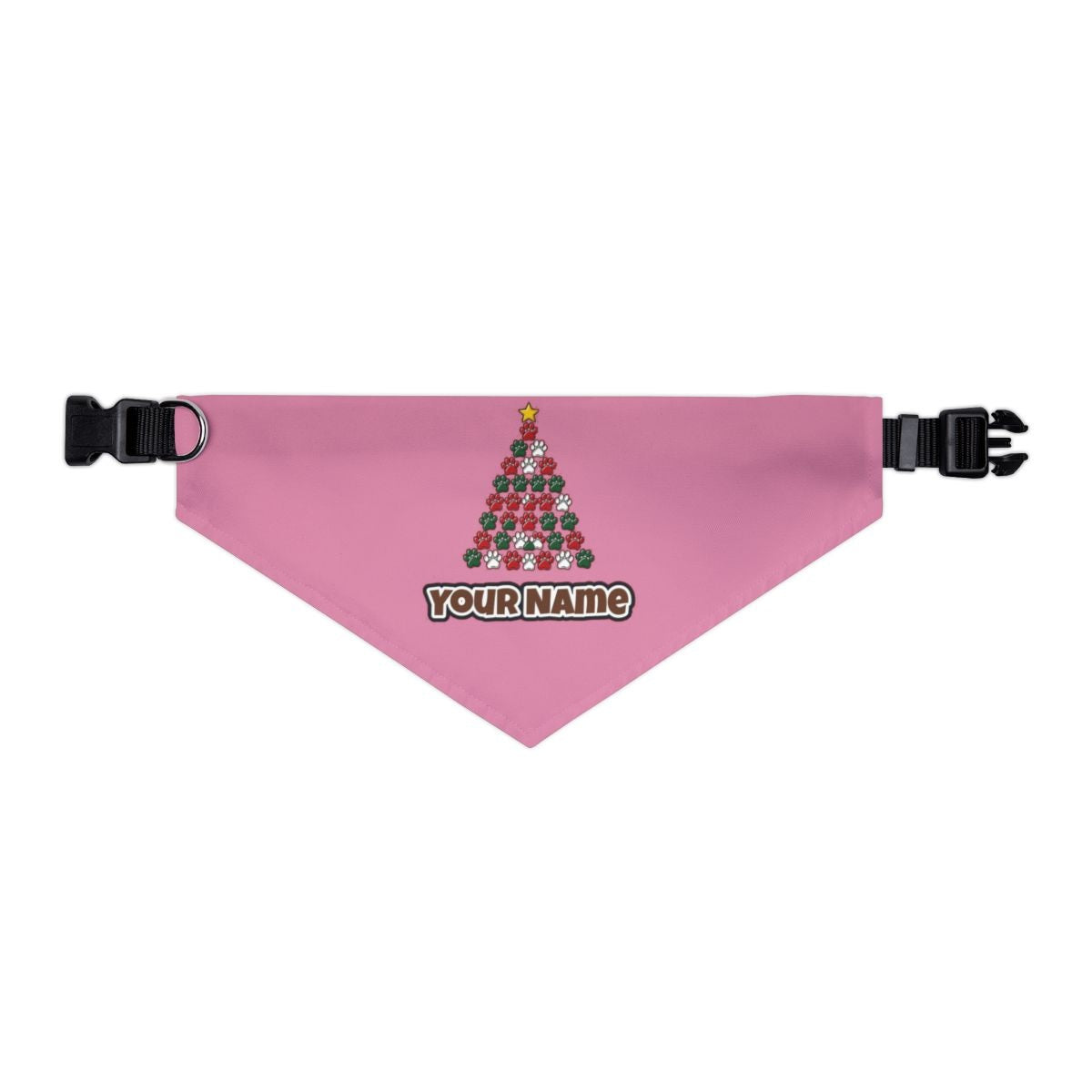 Paw Print Christmas Tree personalised Christmas pet bandana in pink, collar with buckle