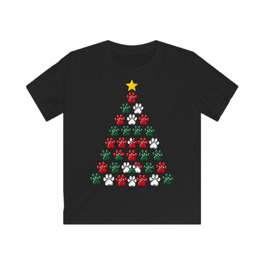 Paw Print Christmas Tree personalised kids Christmas tee in black