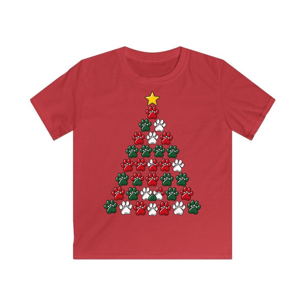 Paw Print Christmas Tree personalised kids Christmas tee in red