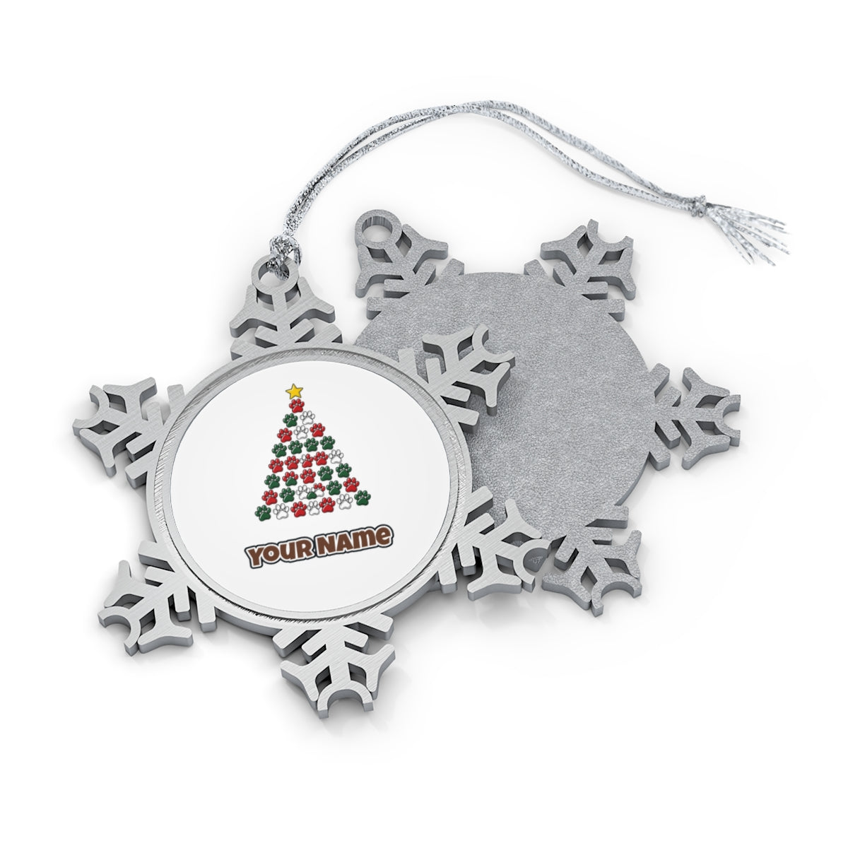 Paw Print Christmas Tree personalised pewter snowflake Christmas ornament, front and back, with a name under the design