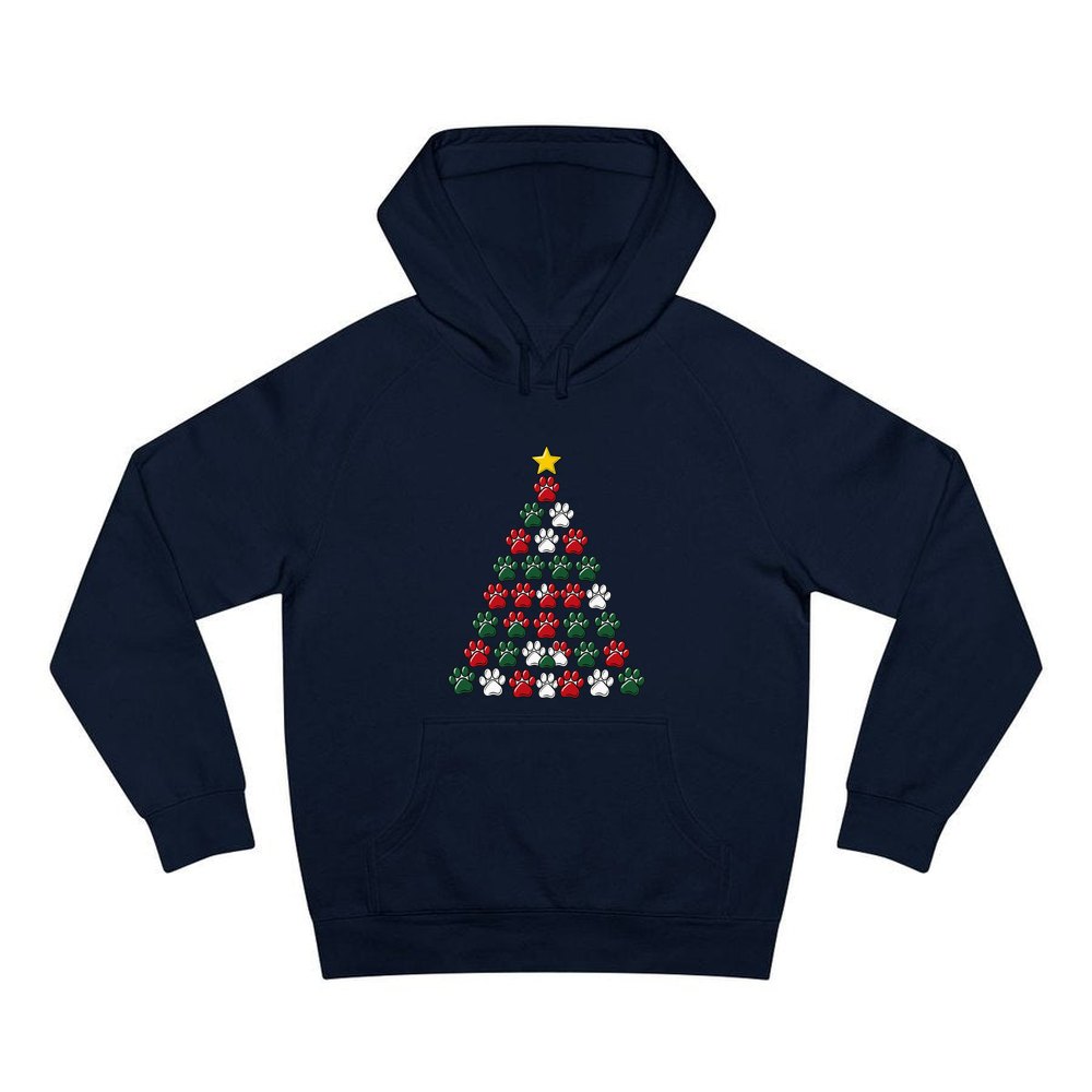 Paw Print Christmas Tree personalised Christmas hoodie in navy