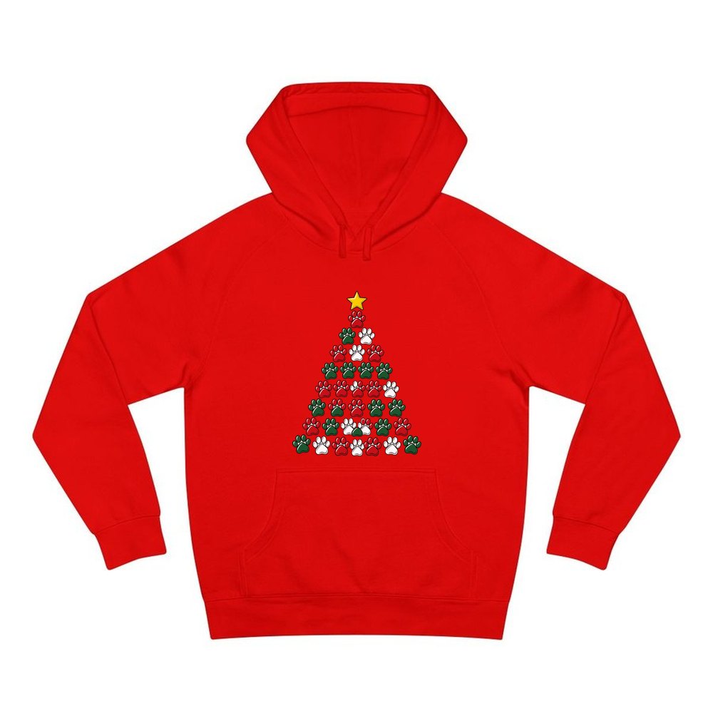 Paw Print Christmas Tree personalised Christmas hoodie in red