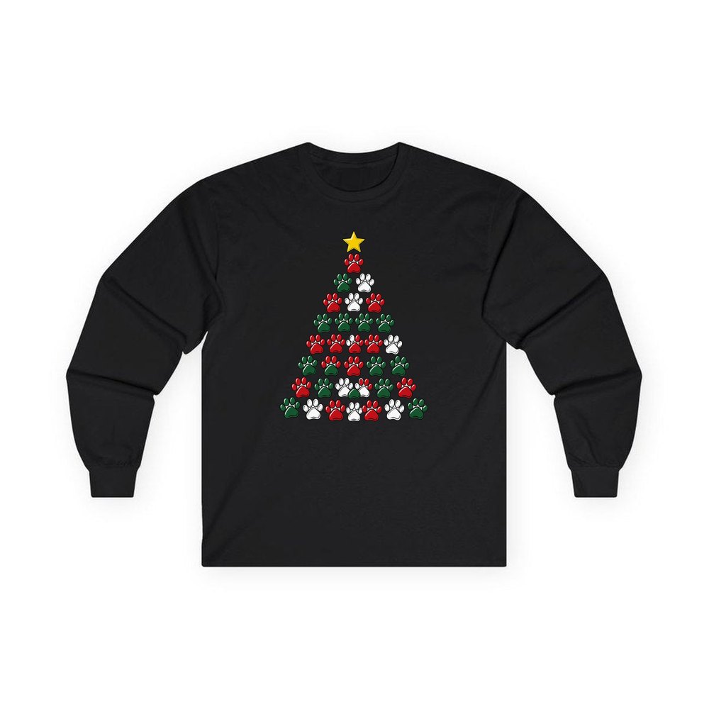 Paw Print Christmas Tree personalised long sleeve Christmas T-shirt in black