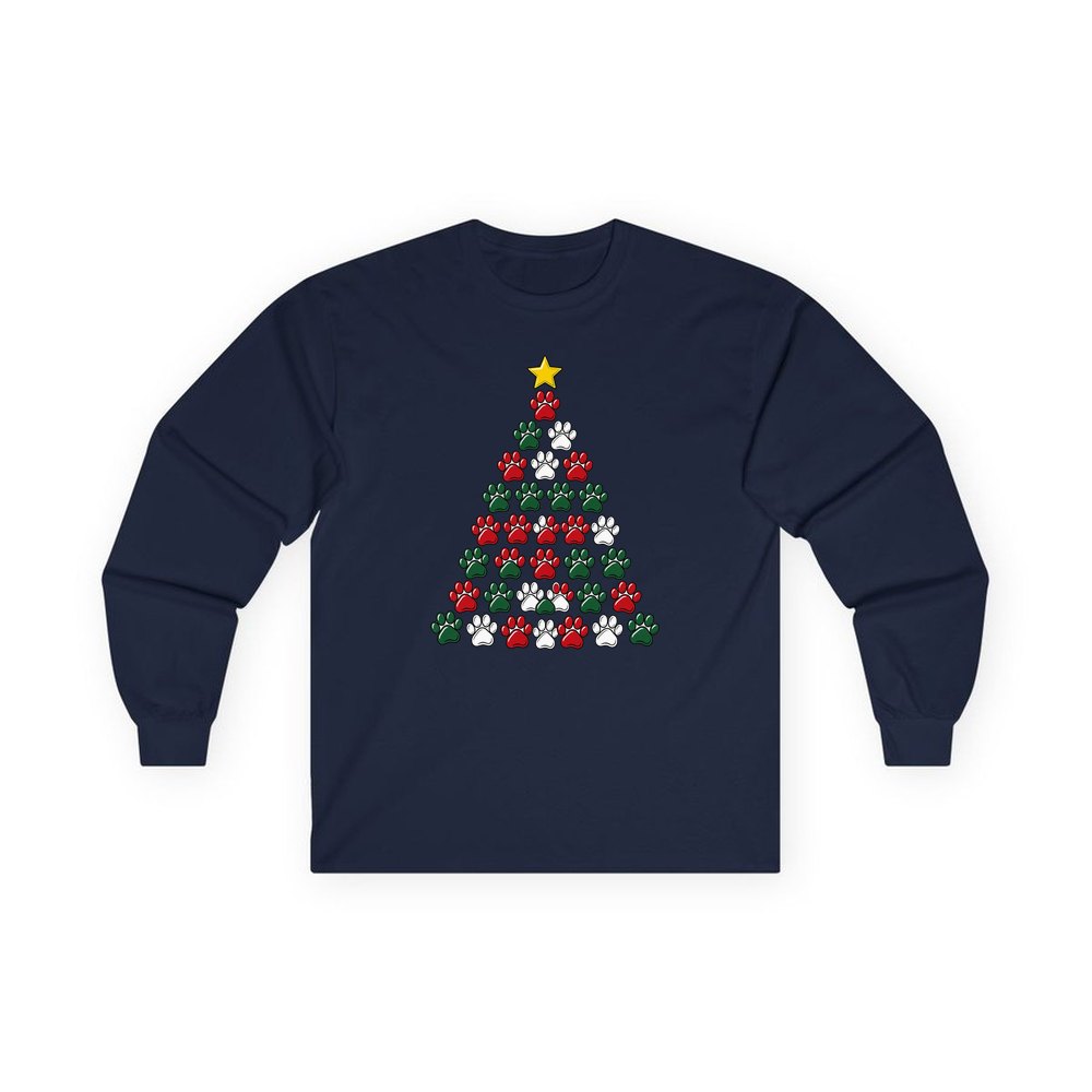 Paw Print Christmas Tree personalised long sleeve Christmas T-shirt in navy