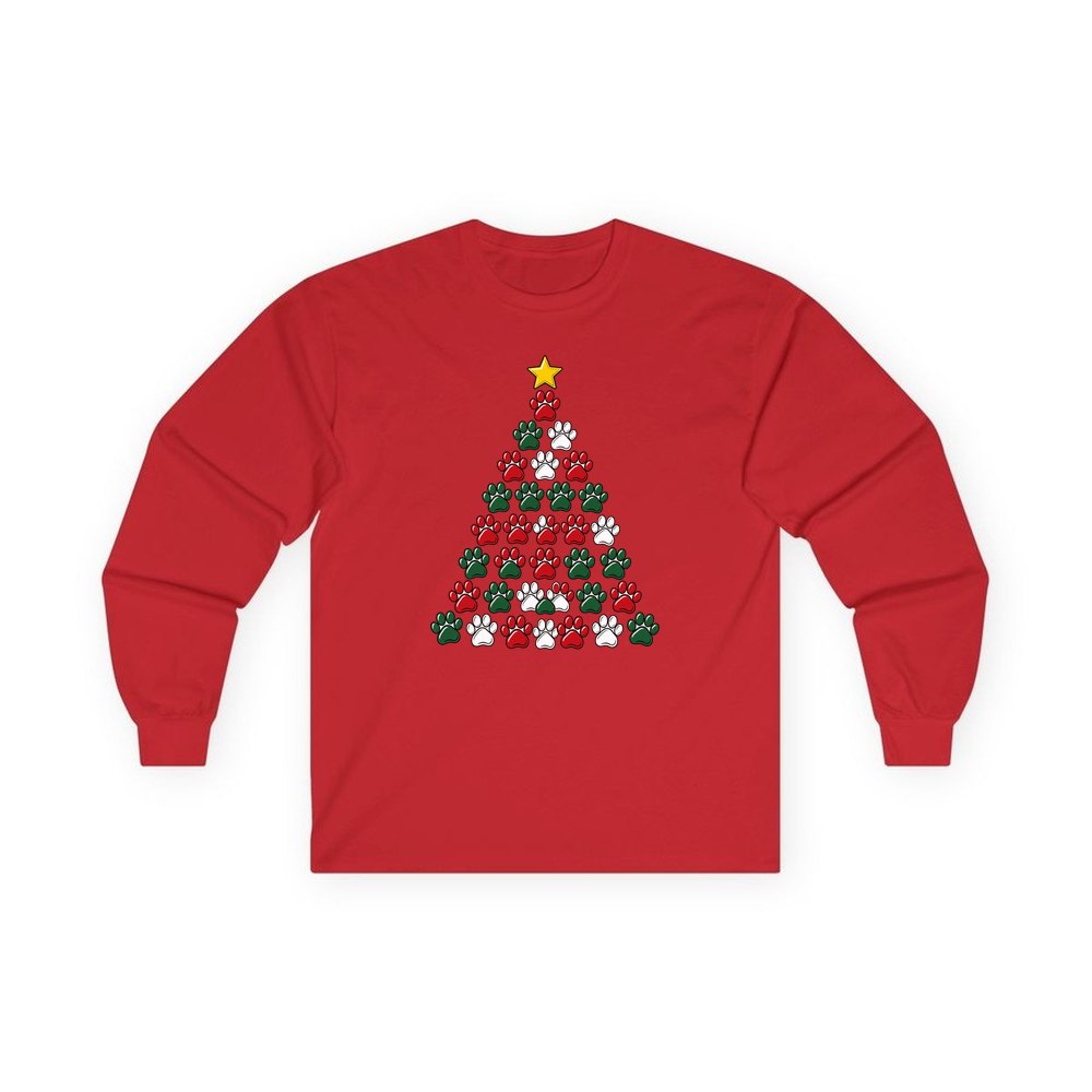 Paw Print Christmas Tree personalised long sleeve Christmas T-shirt in red