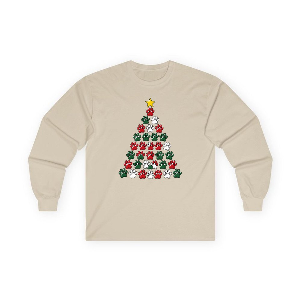 Paw Print Christmas Tree personalised long sleeve Christmas T-shirt in sand