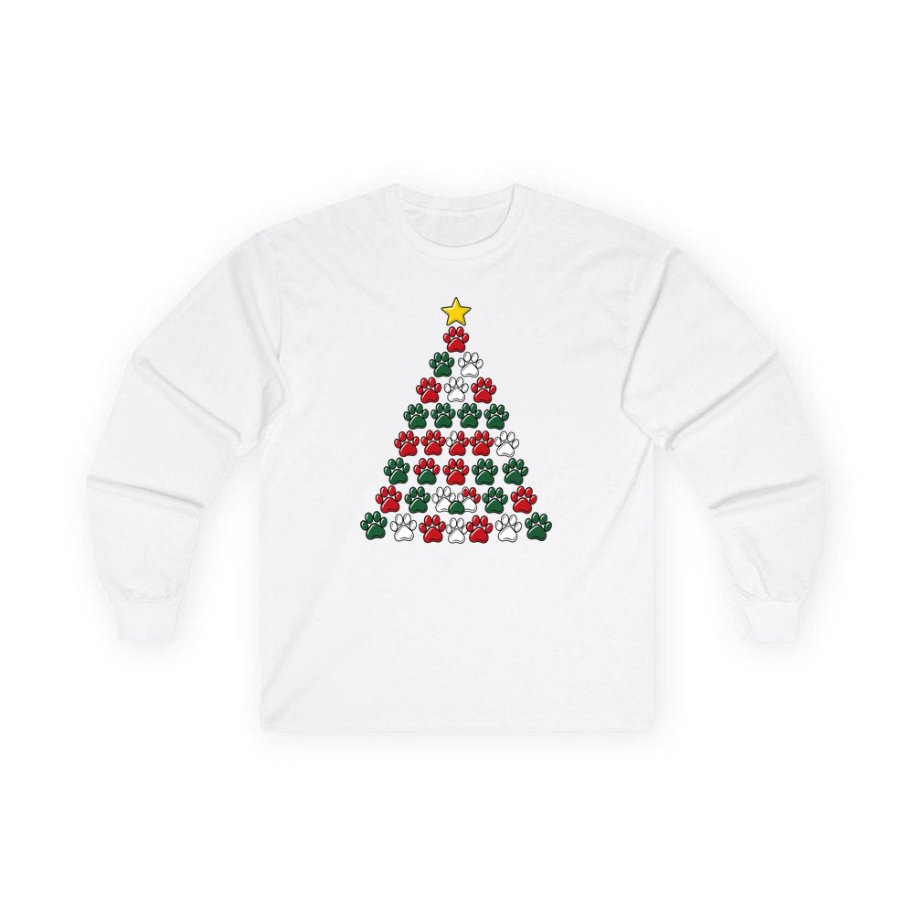 Paw Print Christmas Tree personalised long sleeve Christmas T-shirt in white